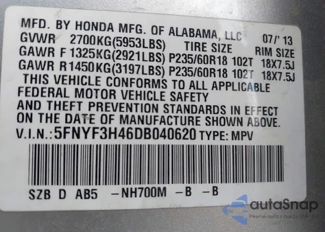 2013 Honda Pilot Ex z USA, uszkodzony, nr VIN 5FNYF3H46DB040620